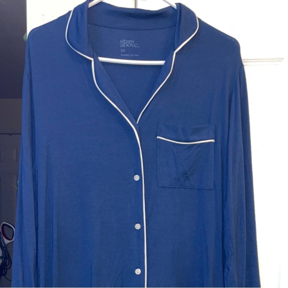 Stars Above Blue Pajama Top with White Trim